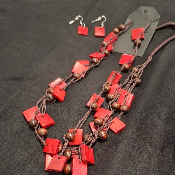 Jewelry - Red and Brown Beaded Necklace and Earring Set